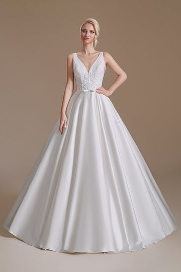 Robe de mariée blanche A-Line col V avec dentelle